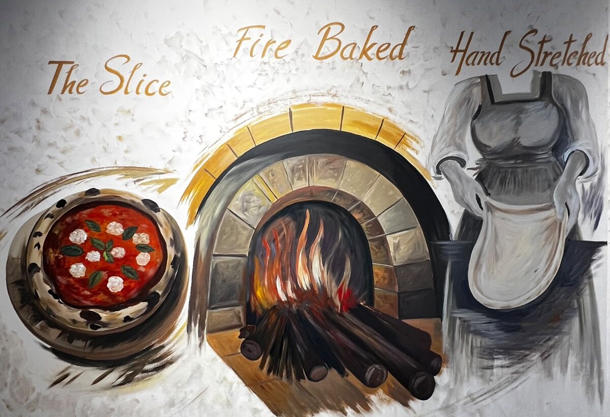 Hand-painted mural on our kitchen wall: The Slice, Fire Baked, Hand Stretched